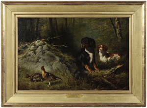 F. Tate’s A Closer Point of ruffed grouse and spaniels measures 16 x 24-1/8 inches and is estimated at $20,000/$30,000. Image courtesy Brunk Auctions.